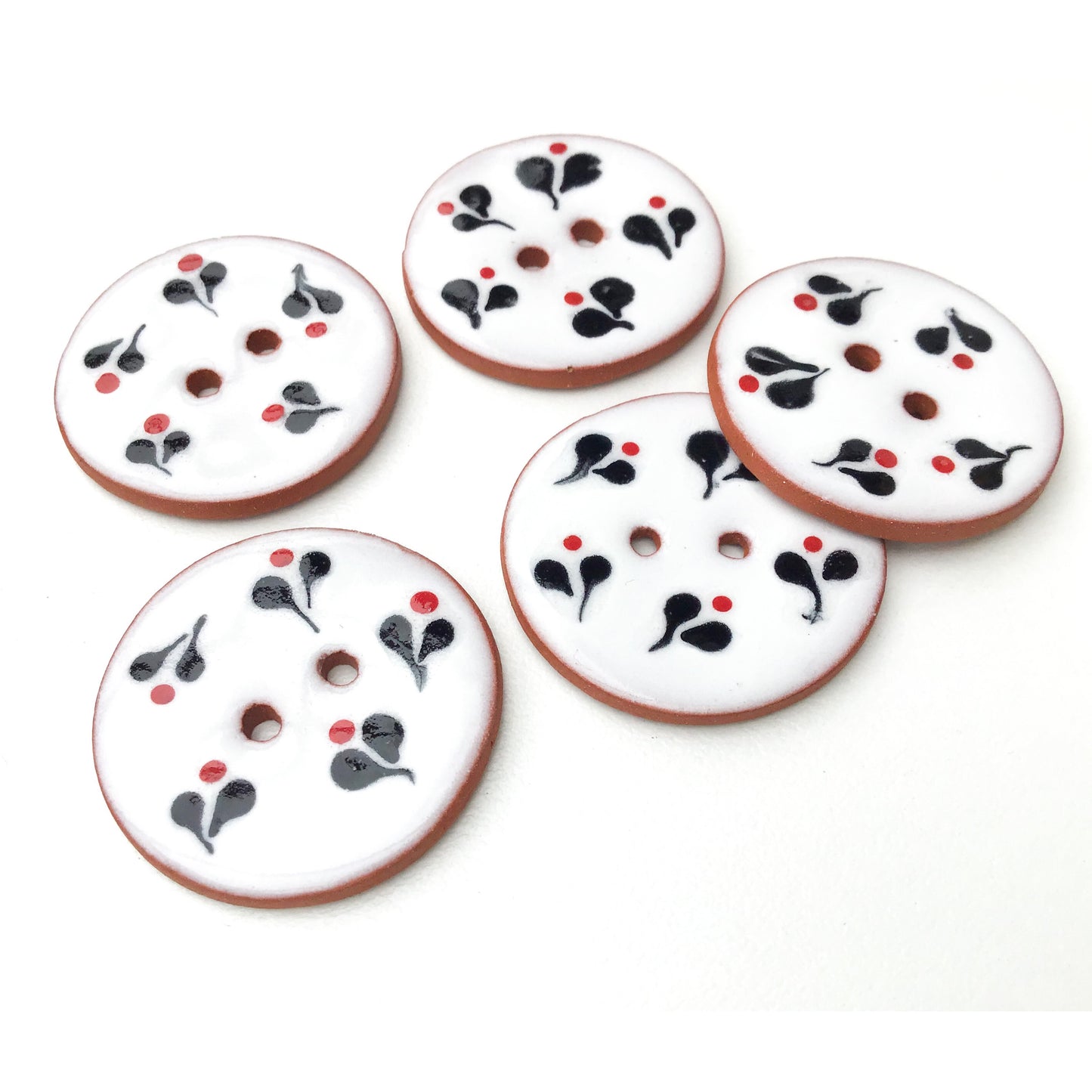 Decorative Ceramic Button with Small Floral Print - Red - Black - White  1-1/16"