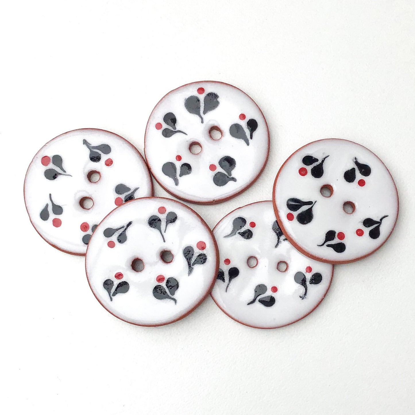 Decorative Ceramic Button with Small Floral Print - Red - Black - White  1-1/16"