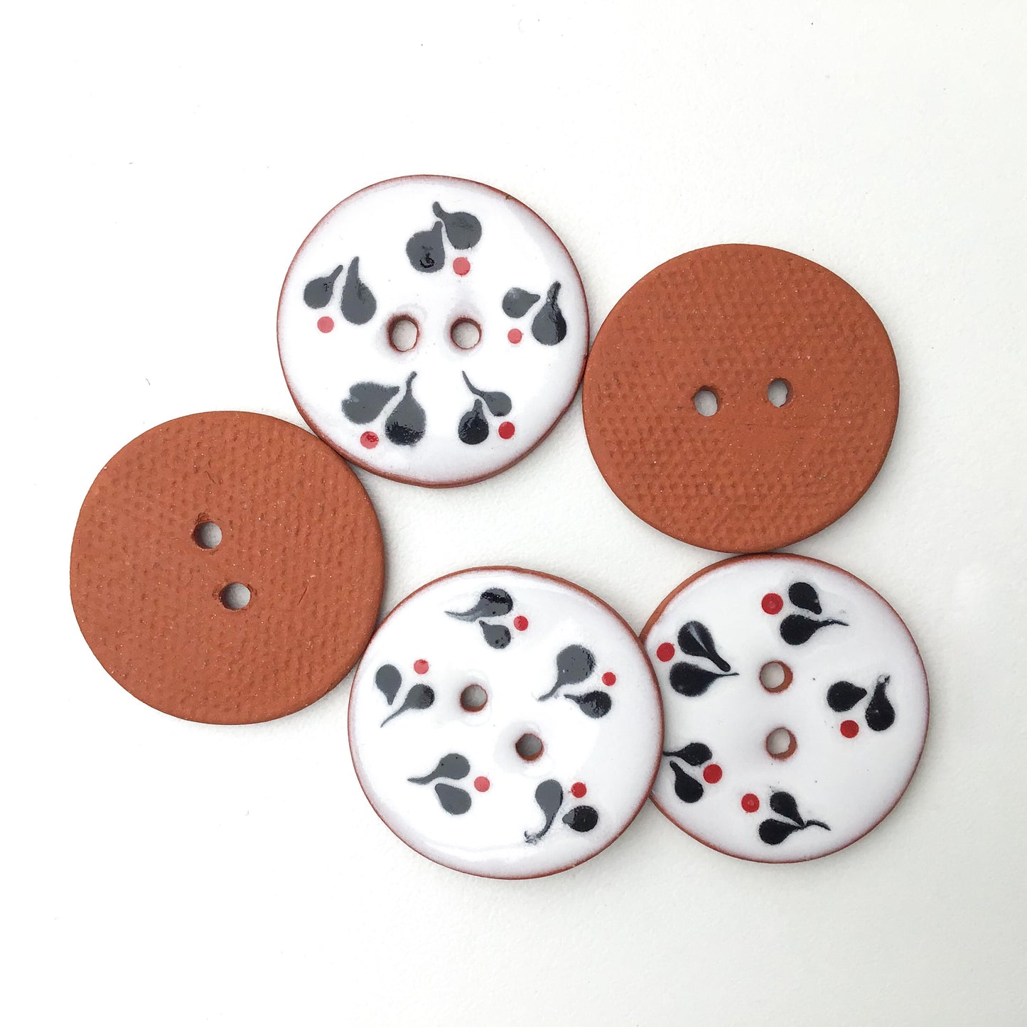 Decorative Ceramic Button with Small Floral Print - Red - Black - White  1-1/16"