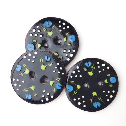 Black Ceramic Button with Blue Flowers - Decorative Clay Button - 1 1/16"