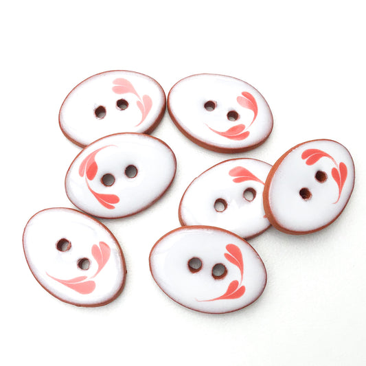 Oval Ceramic Buttons - Hand Painted Clay Buttons with Small Flower Detail - White + Pink - 5/8" x 7/8" - 7 Pack