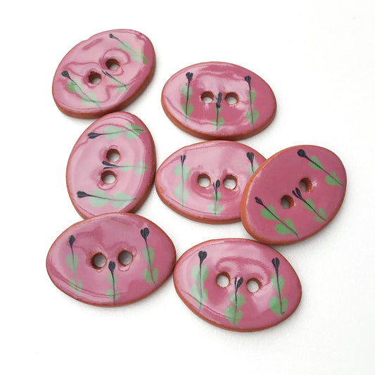 Oval Ceramic Buttons - Hand Painted Clay Buttons with Small Flower Detail - Mauve + Green - 5/8" x 7/8" - 7 Pack