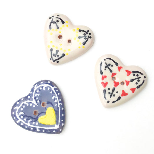 Decorative Ceramic Heart Buttons - Pottery Heart Buttons - 1 1/4"