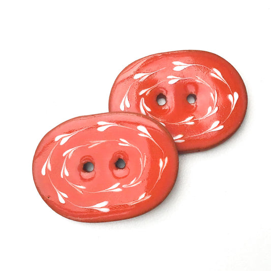 Red-Orange & White Ceramic Buttons - Oval Clay Buttons - 1" x 1 1/4"