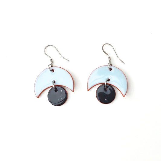 Small Crescent and Circle Earrings: Ceramic Earrings in Sky Blue and Black