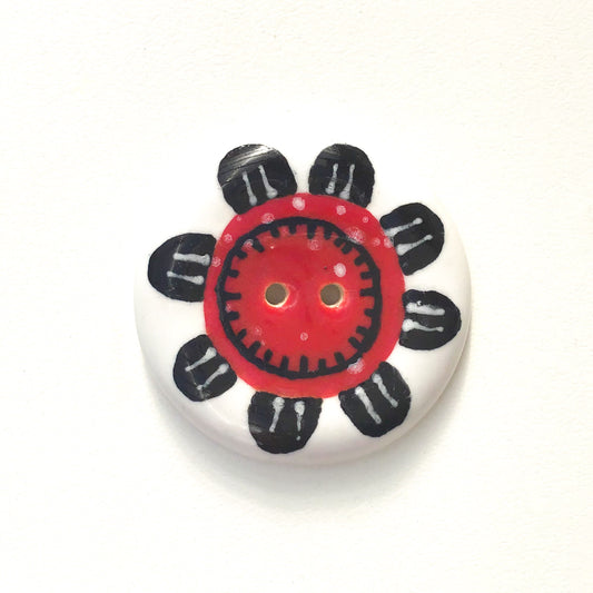 Playful Flower Button -Red & Black on White Background - 1 1/2"