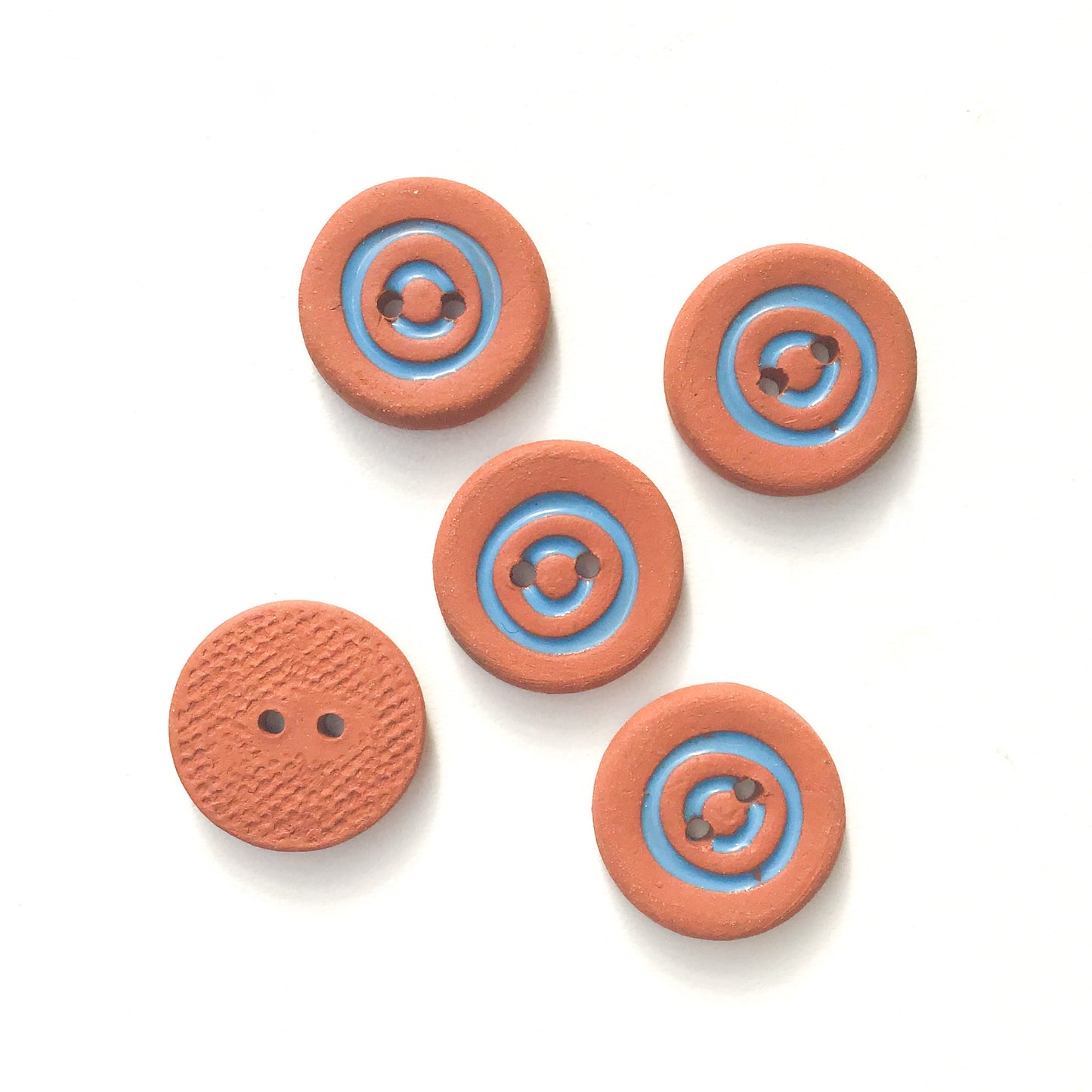 Cerulean Blue Concentric Circle Ceramic Buttons on Terracotta Clay - 3/4" - 5 Pack