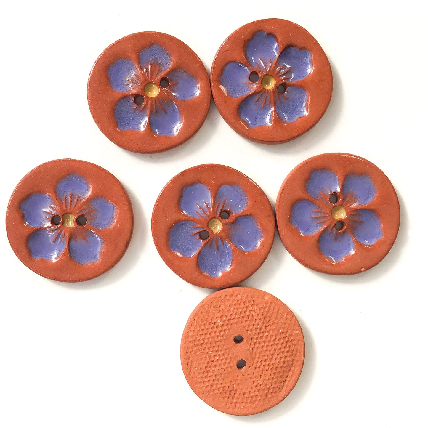 Hawaiian Petals Button - Blue-Purple Bloom on Red Clay - 1-1/16"