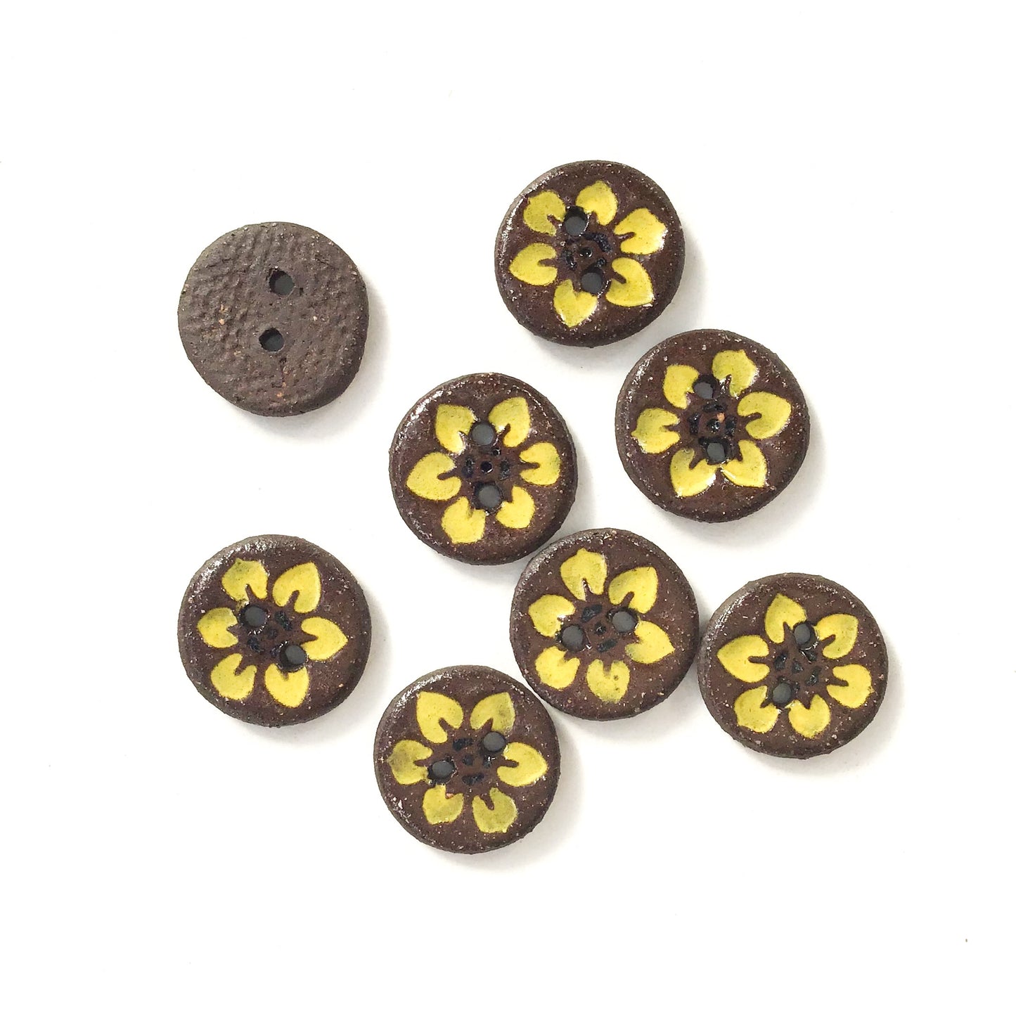 Hawaiian Petals Button - Yellow Bloom on Black Clay - 9/16" - 8 Pack