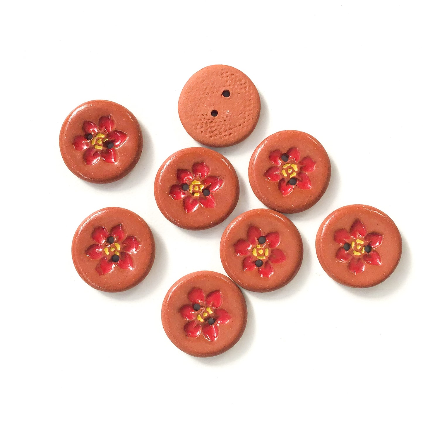 Hawaiian Petals Button - Red Bloom on Red Clay - 3/4"