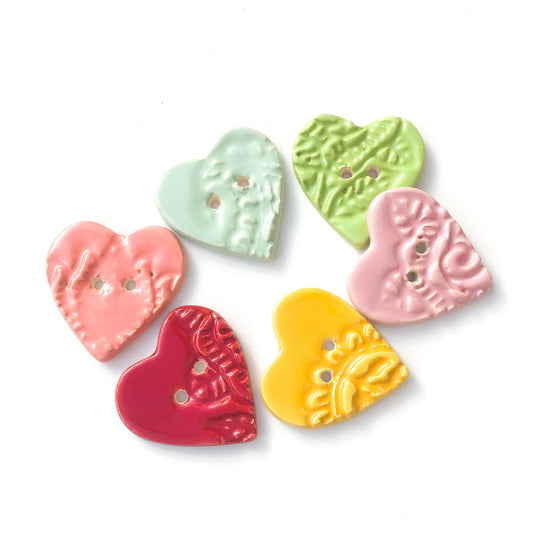 Large Stamped Heart Buttons - Ceramic Heart Button - 1 3/8"