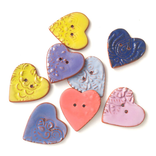 Large Stamped Heart Buttons - Soft Tones Ceramic Heart Buttons - 1 3/8"