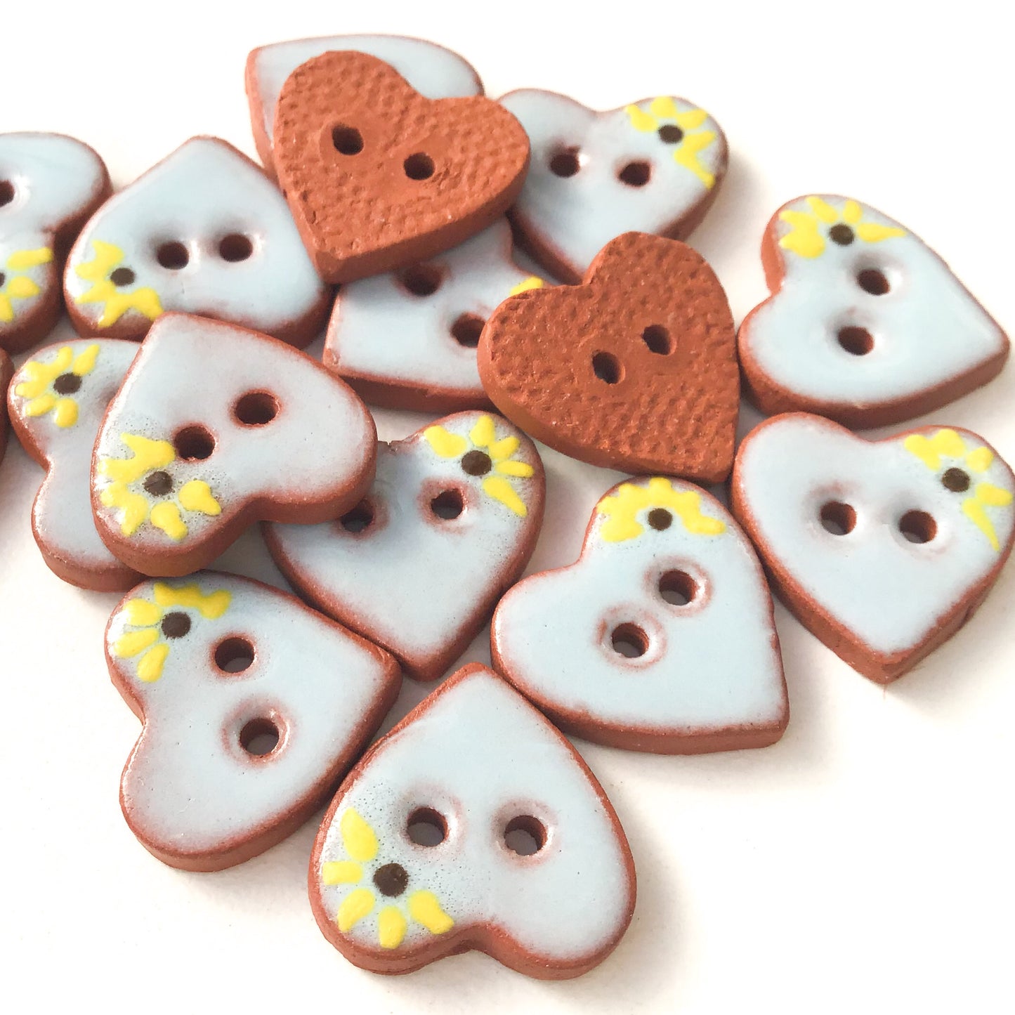 Little Blue Hearts & Flowers Buttons - Ceramic Heart Buttons - 5/8" x 9/16"