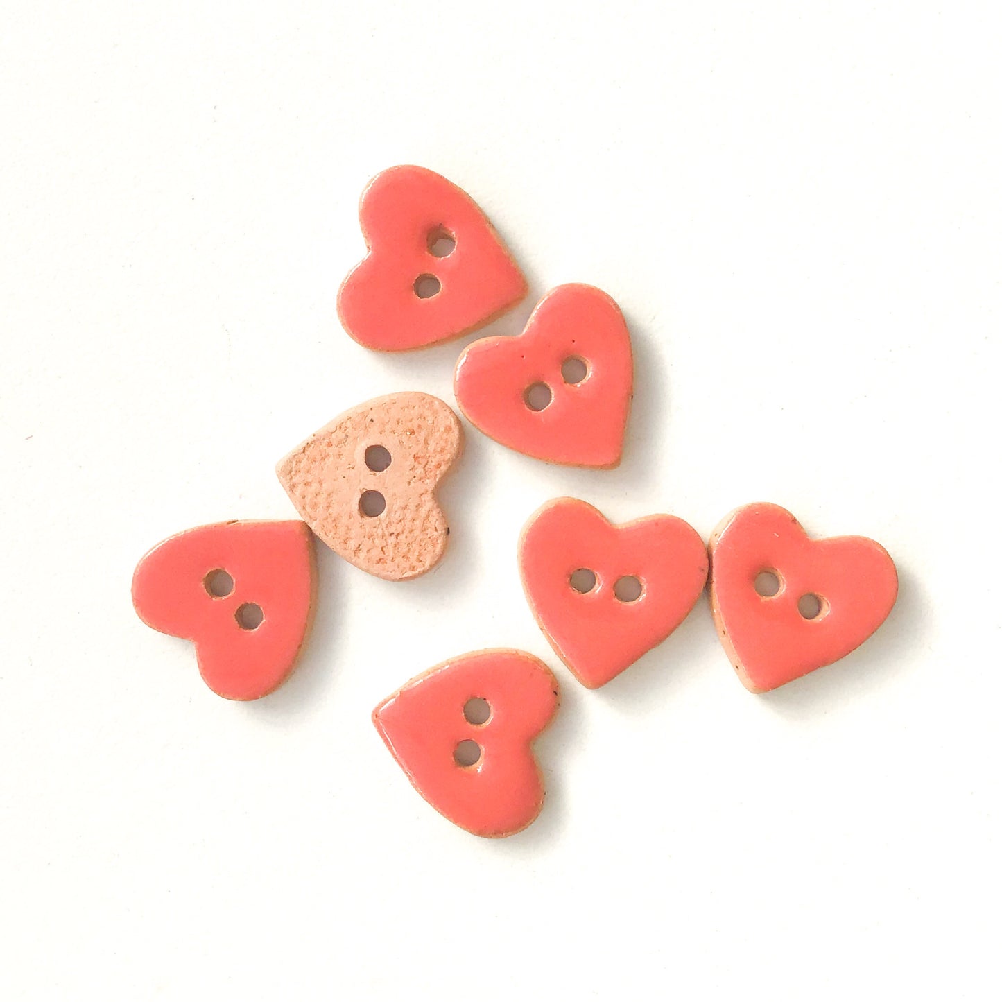 Salmon Pink Heart Buttons - Ceramic Heart Buttons - 5/8" x 9/16" - 7 Pack