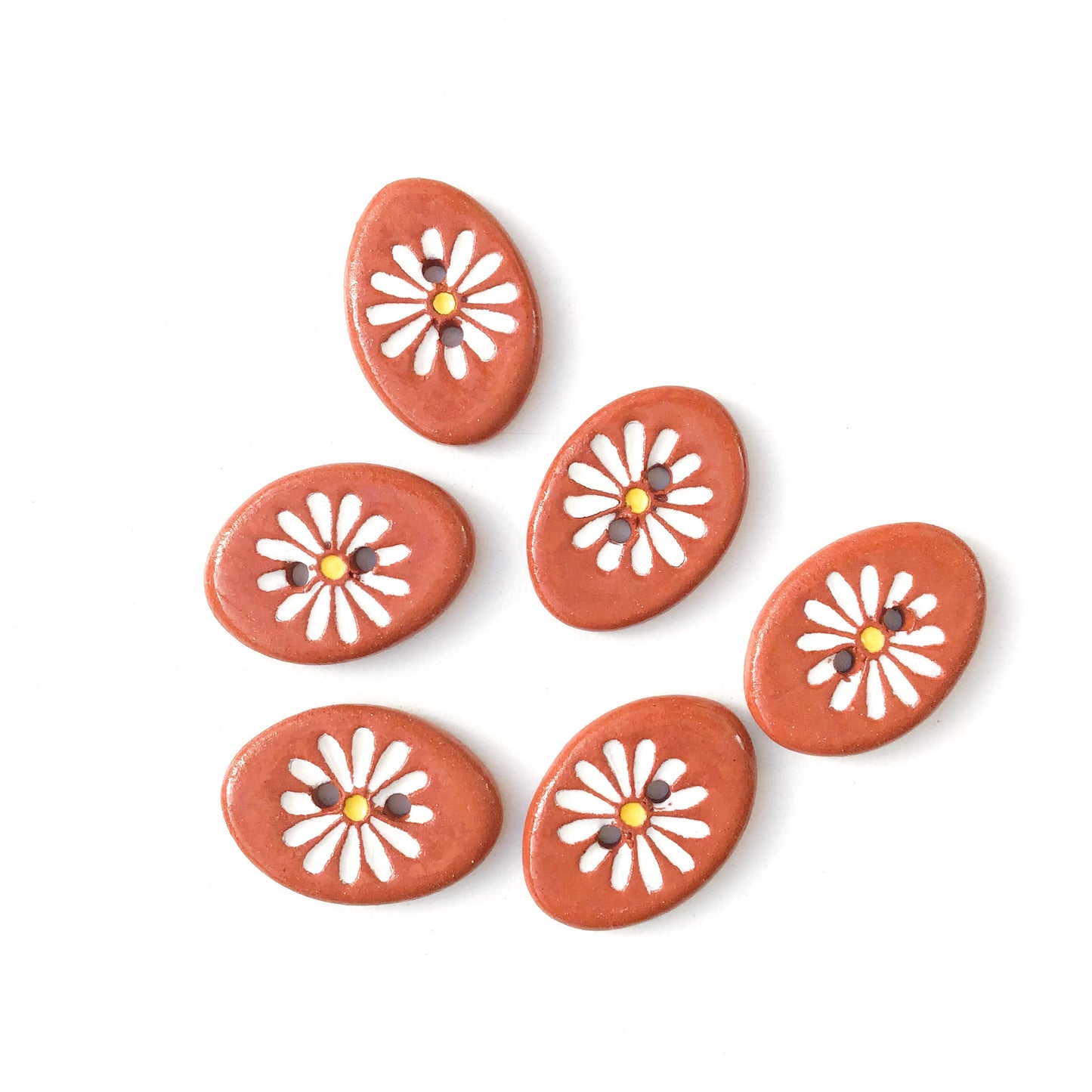 White Daisy Button on Red Clay  5/8" x 7/8"