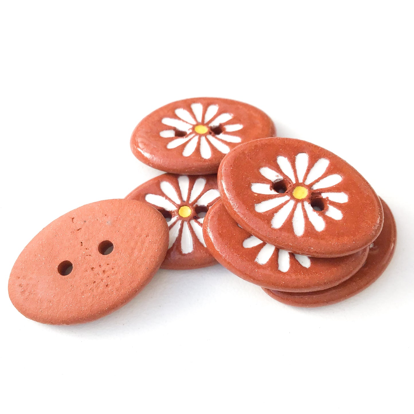 White Daisy Button on Red Clay  5/8" x 7/8"