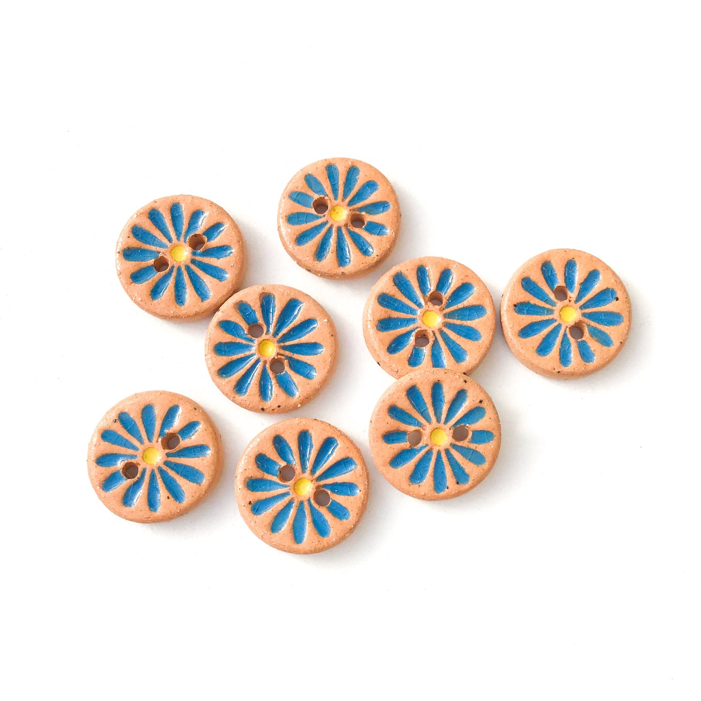 Bright Blue Daisy Buttons on Brown Clay - Ceramic Flower Buttons - 9/16" - 8 Pack