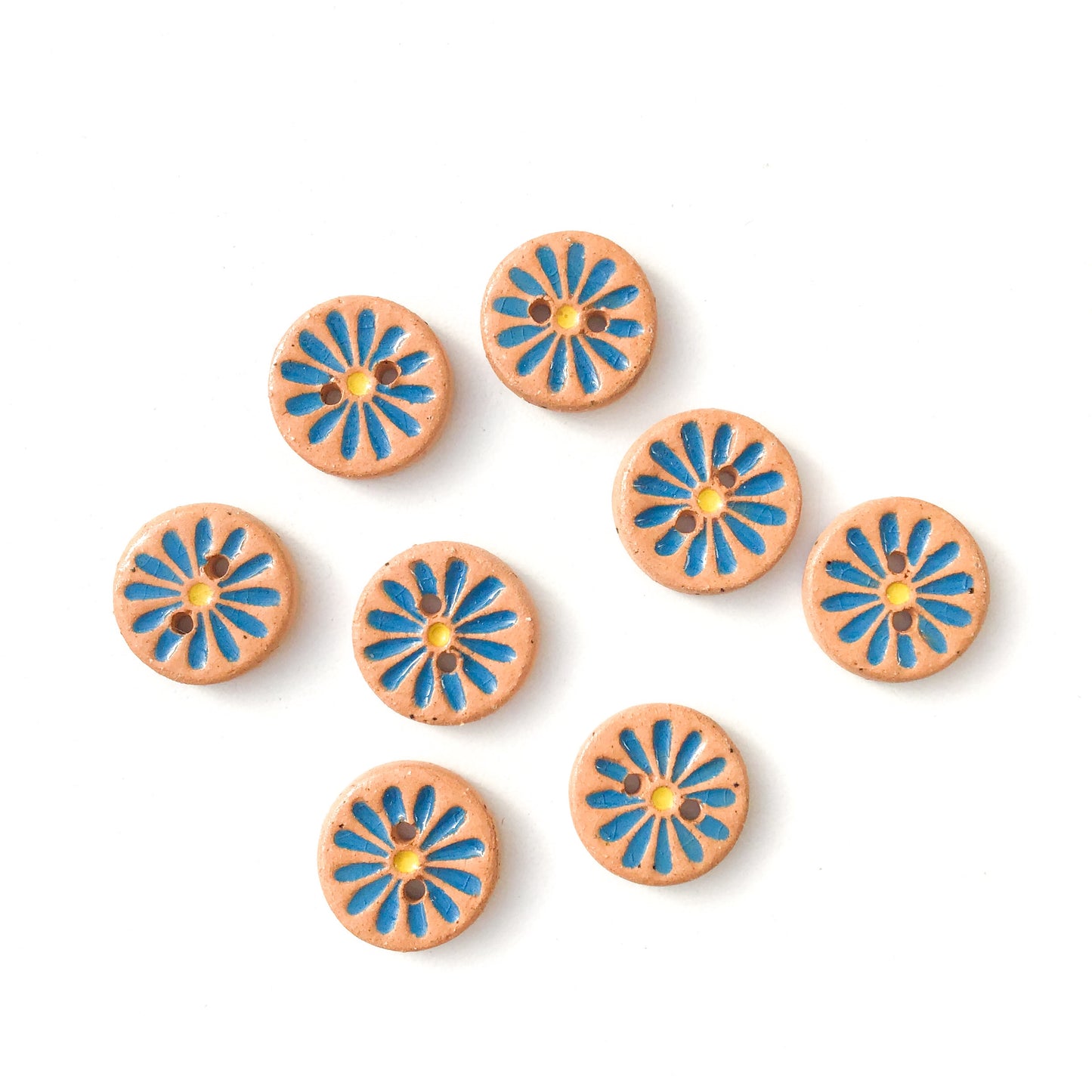 Bright Blue Daisy Buttons on Brown Clay - Ceramic Flower Buttons - 9/16" - 8 Pack