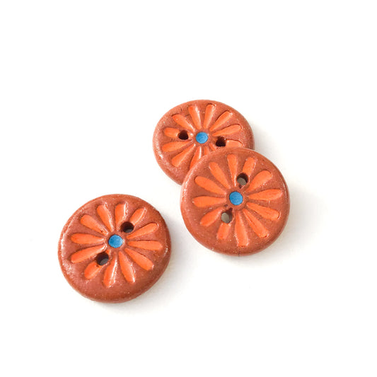 Bright Orange Daisy Buttons on Brown Clay - Ceramic Flower Buttons - 5/8" - 3 Pack