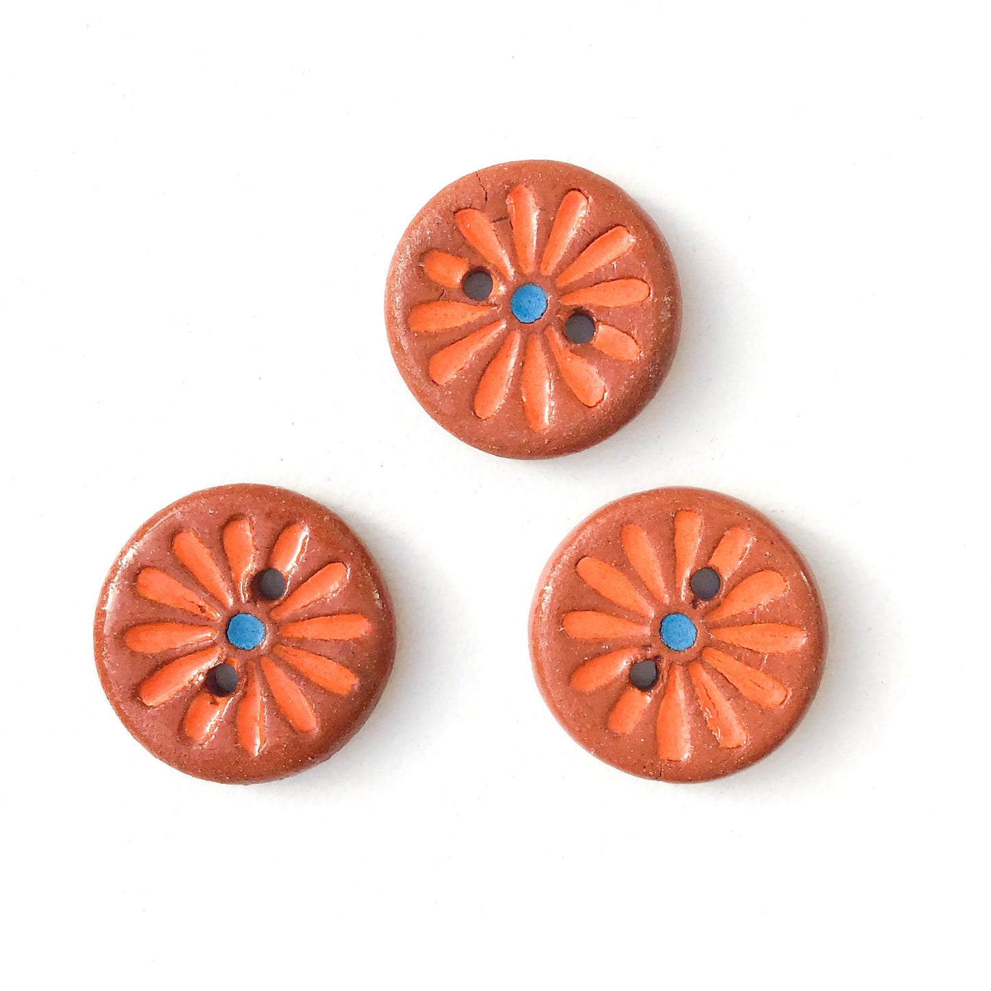 Bright Orange Daisy Buttons on Brown Clay - Ceramic Flower Buttons - 5/8" - 3 Pack