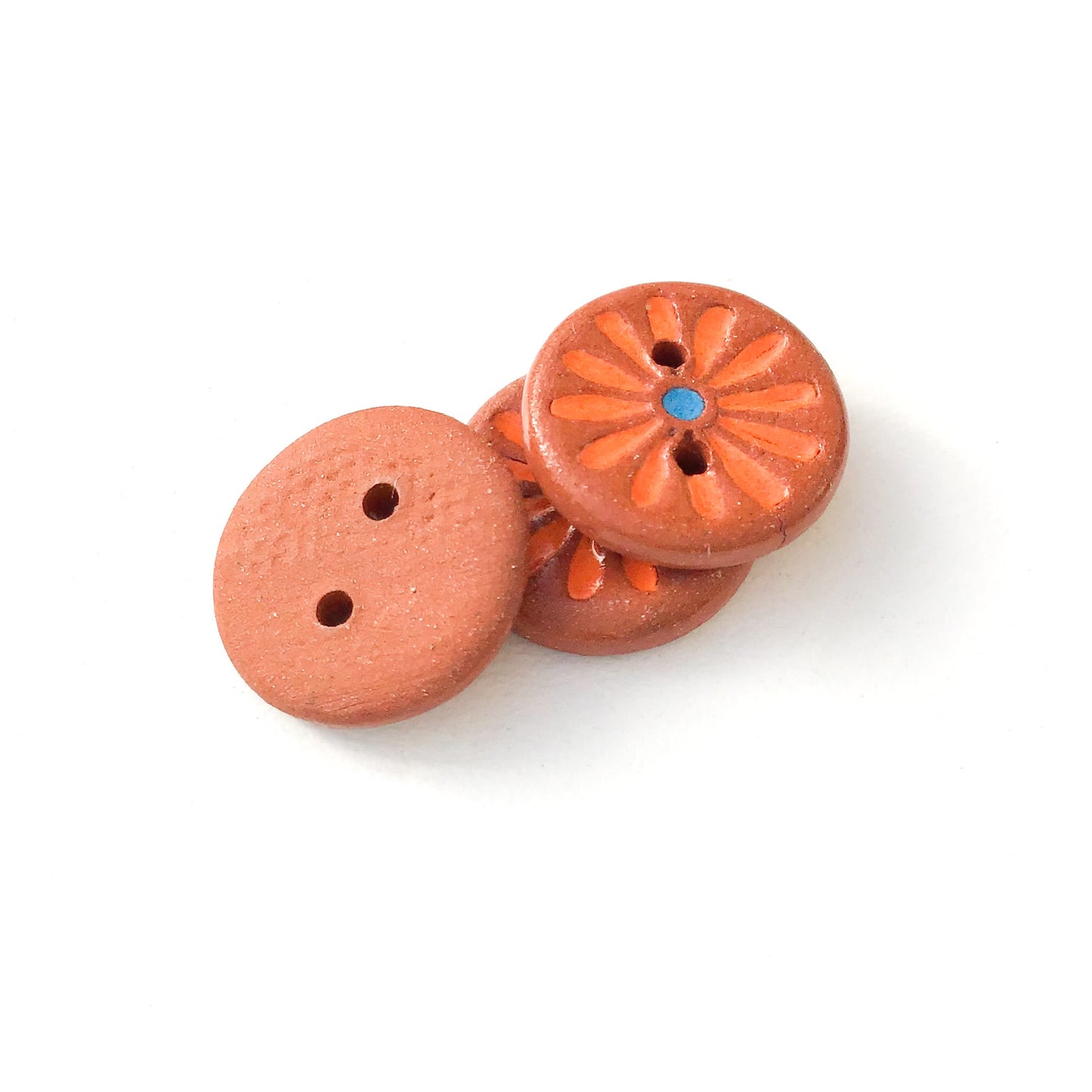 Bright Orange Daisy Buttons on Brown Clay - Ceramic Flower Buttons - 5/8" - 3 Pack