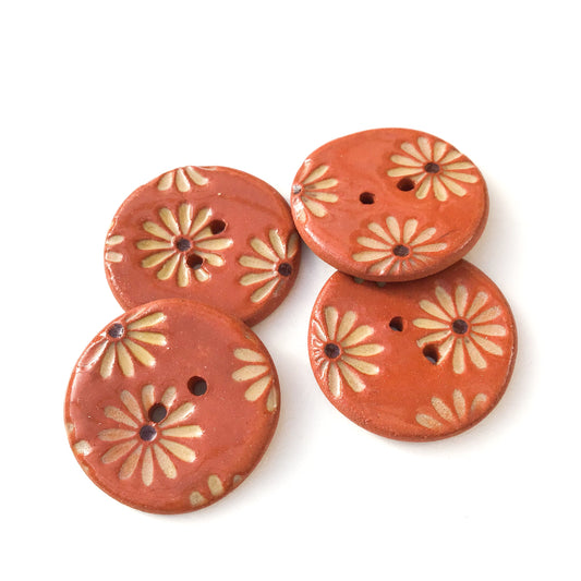 Gold Daisy Buttons on Red Clay - 1 1/16" - 4 Pack