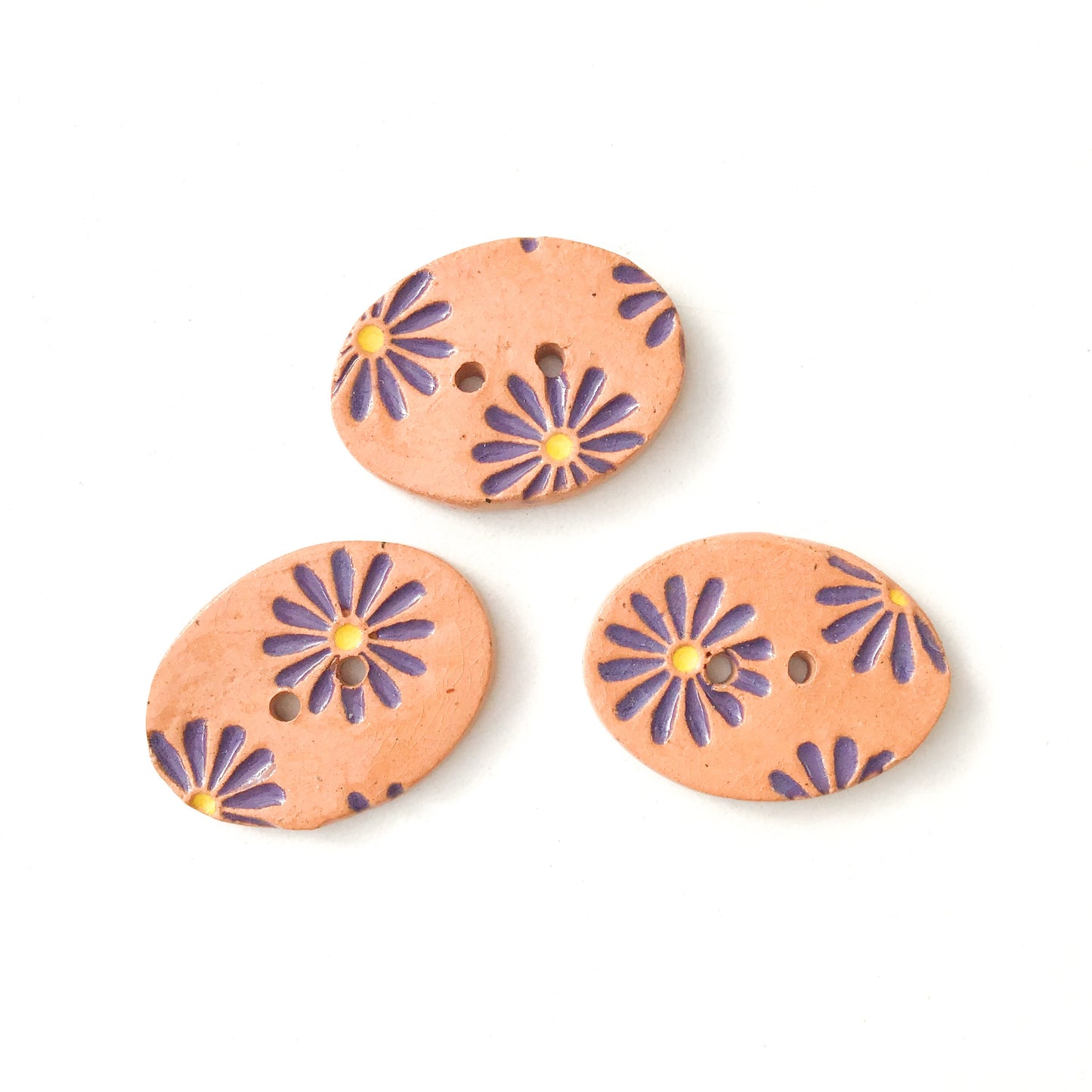 Purple Daisy Buttons on Brown Clay - 3/4" x 1 1/16" - 3 Pack