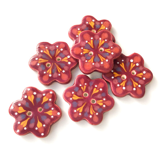 Wine Colored - Flower Shaped Ceramic Buttons - Decorative Clay Buttons - 1 1/4"