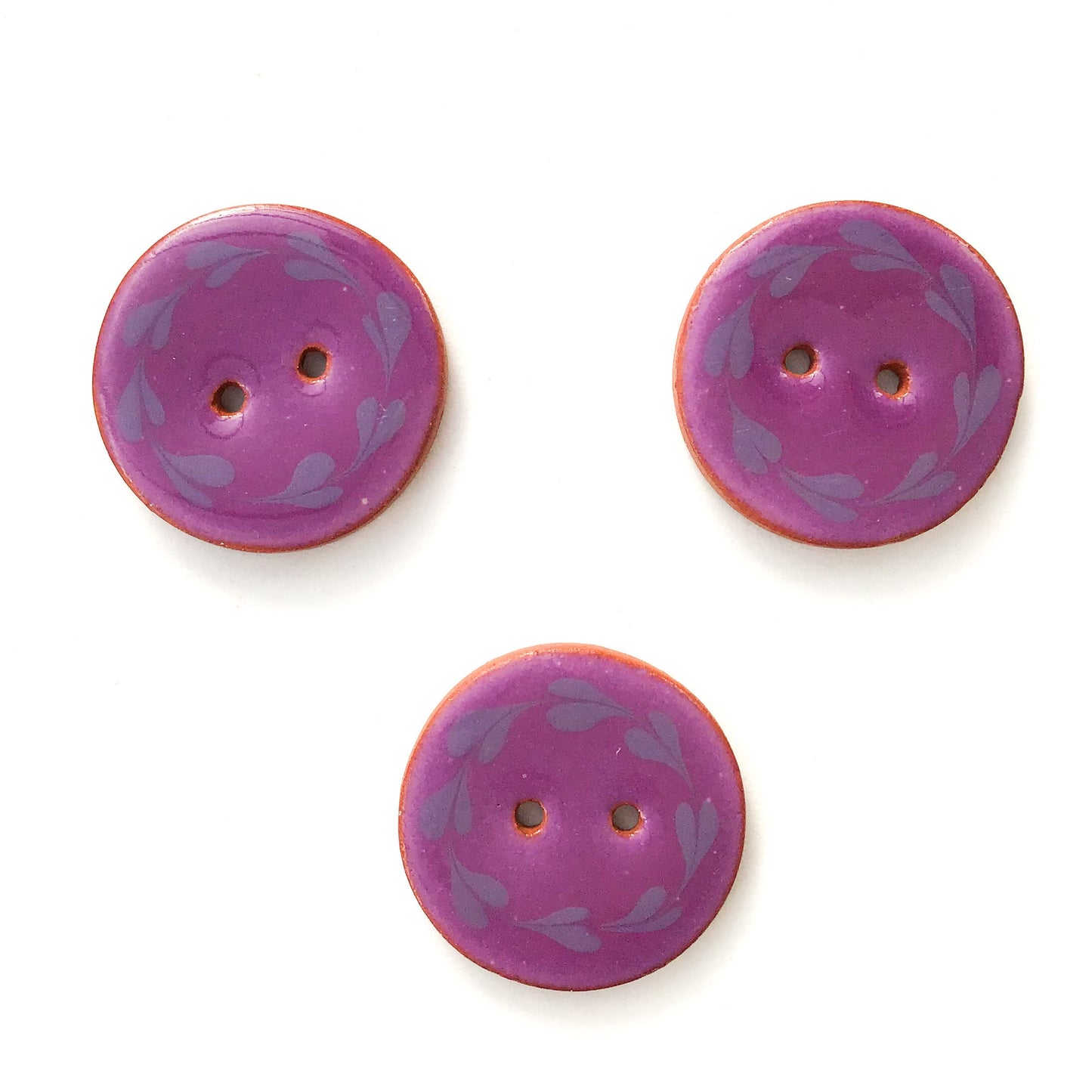 Purple Floral Wreath Ceramic Buttons on Terracotta Clay - 1 1/16" - 3 Pack