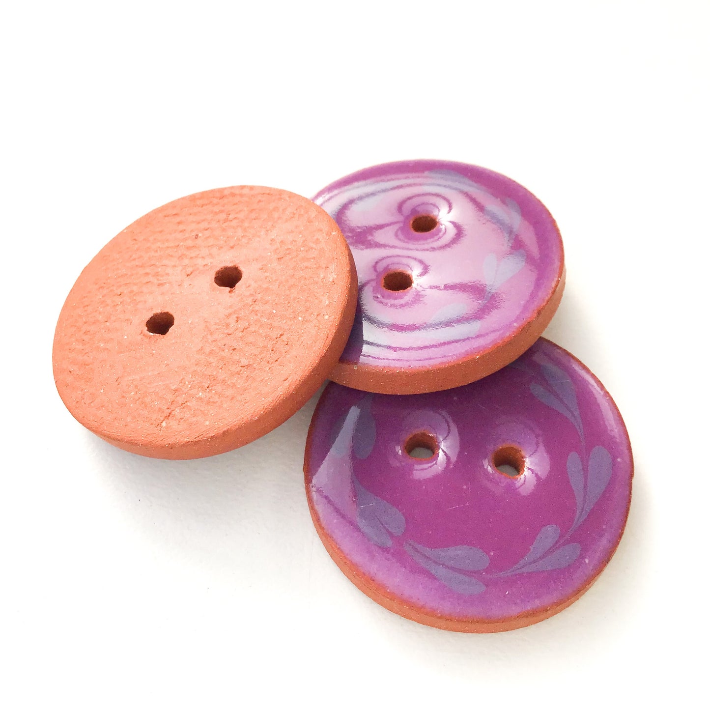 Purple Floral Wreath Ceramic Buttons on Terracotta Clay - 1 1/16" - 3 Pack