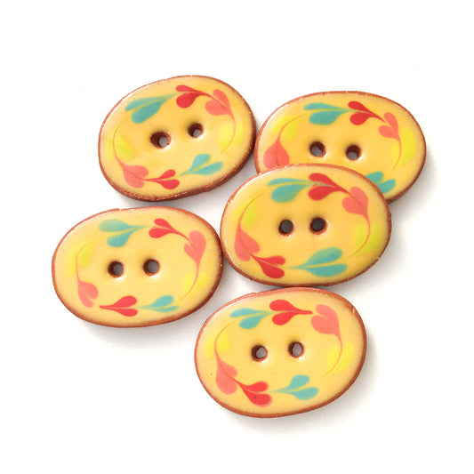 Yellow Ceramic Buttons with Rainbow Wreath - Oval Clay Buttons - 7/8" x 1 1/4"