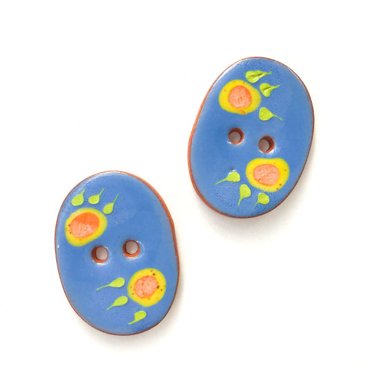 Celadon Blue Ceramic Buttons with Orange & Yellow Flowers - Oval Clay Buttons - 7/8" x 1 1/4"