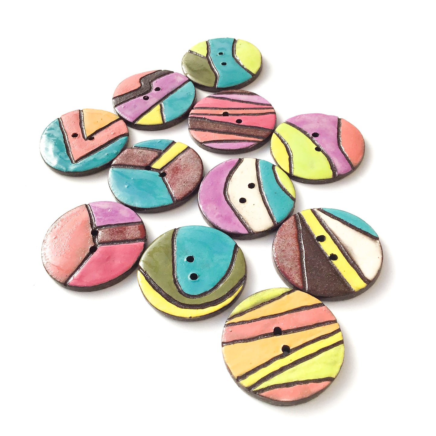 Crazy Quilt Colorful Ceramic Buttons - Contemporary Ceramic Buttons - 1 3/8"