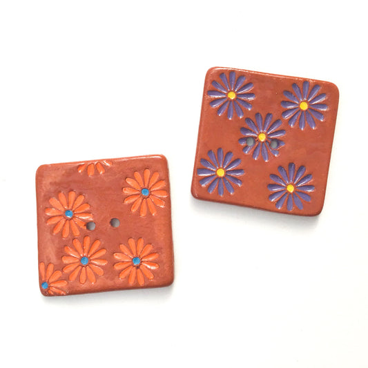 Hand Stamped Daisy Button on Red Clay - 1 7/16"