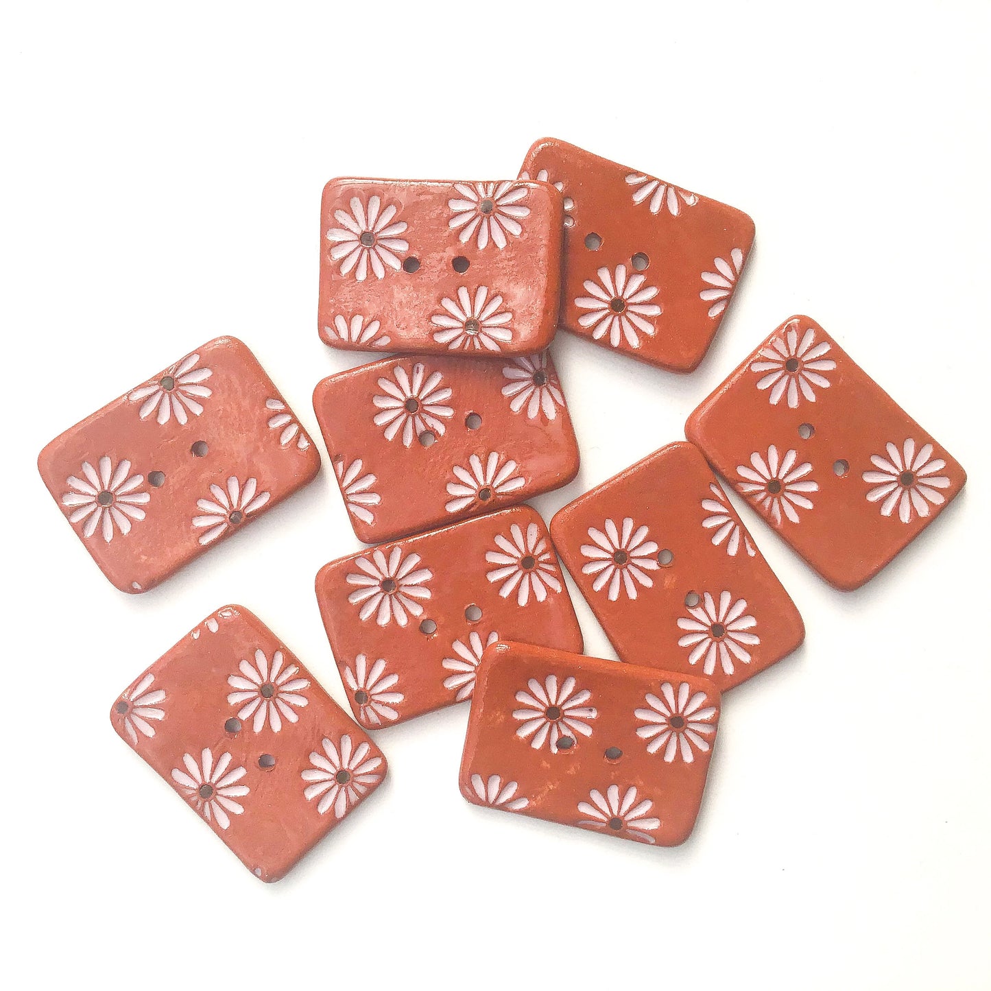 Hand Stamped Daisy Button on Red Clay - Light Pink Flower Buttons - 1 1/16" x 1 7/16"