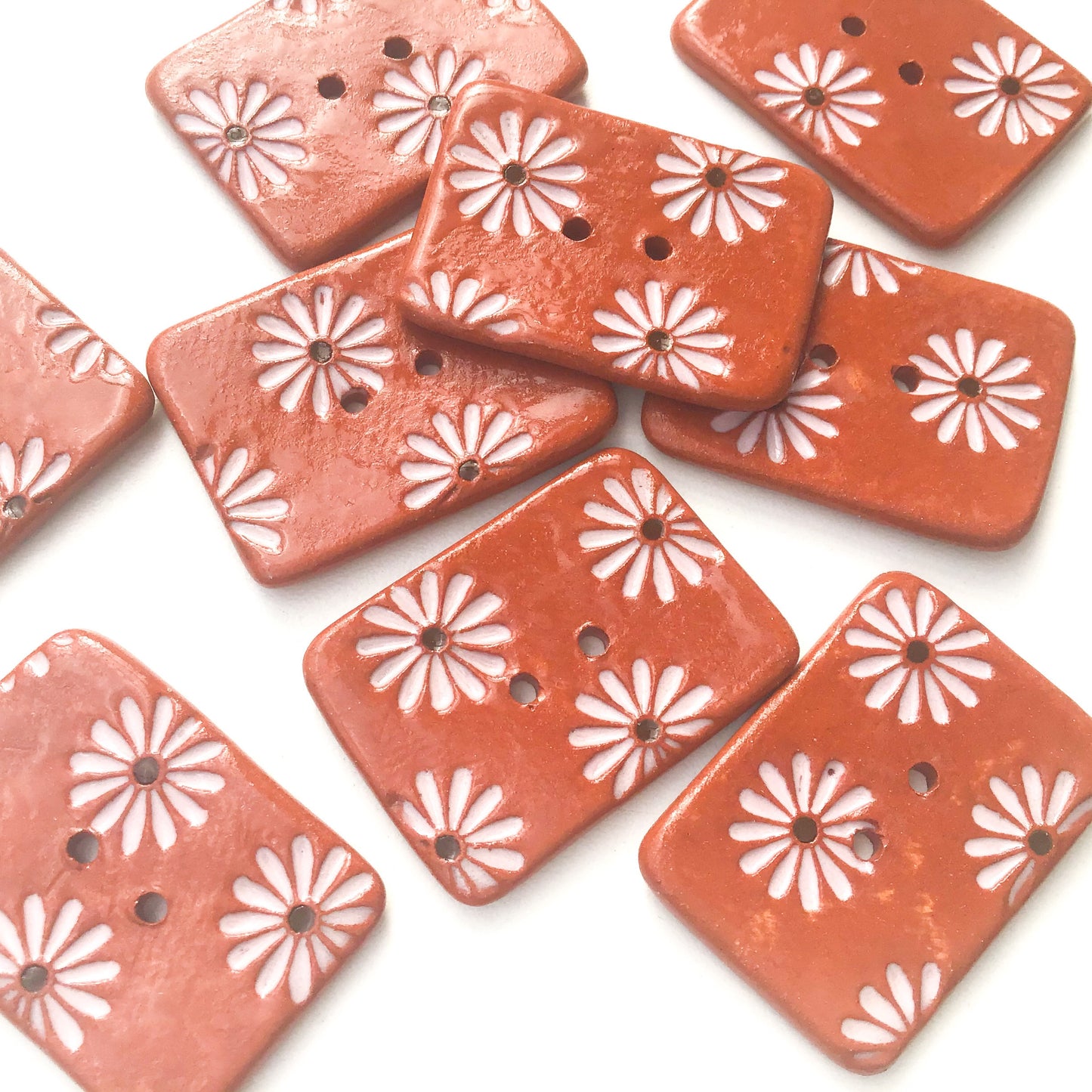 Hand Stamped Daisy Button on Red Clay - Light Pink Flower Buttons - 1 1/16" x 1 7/16"