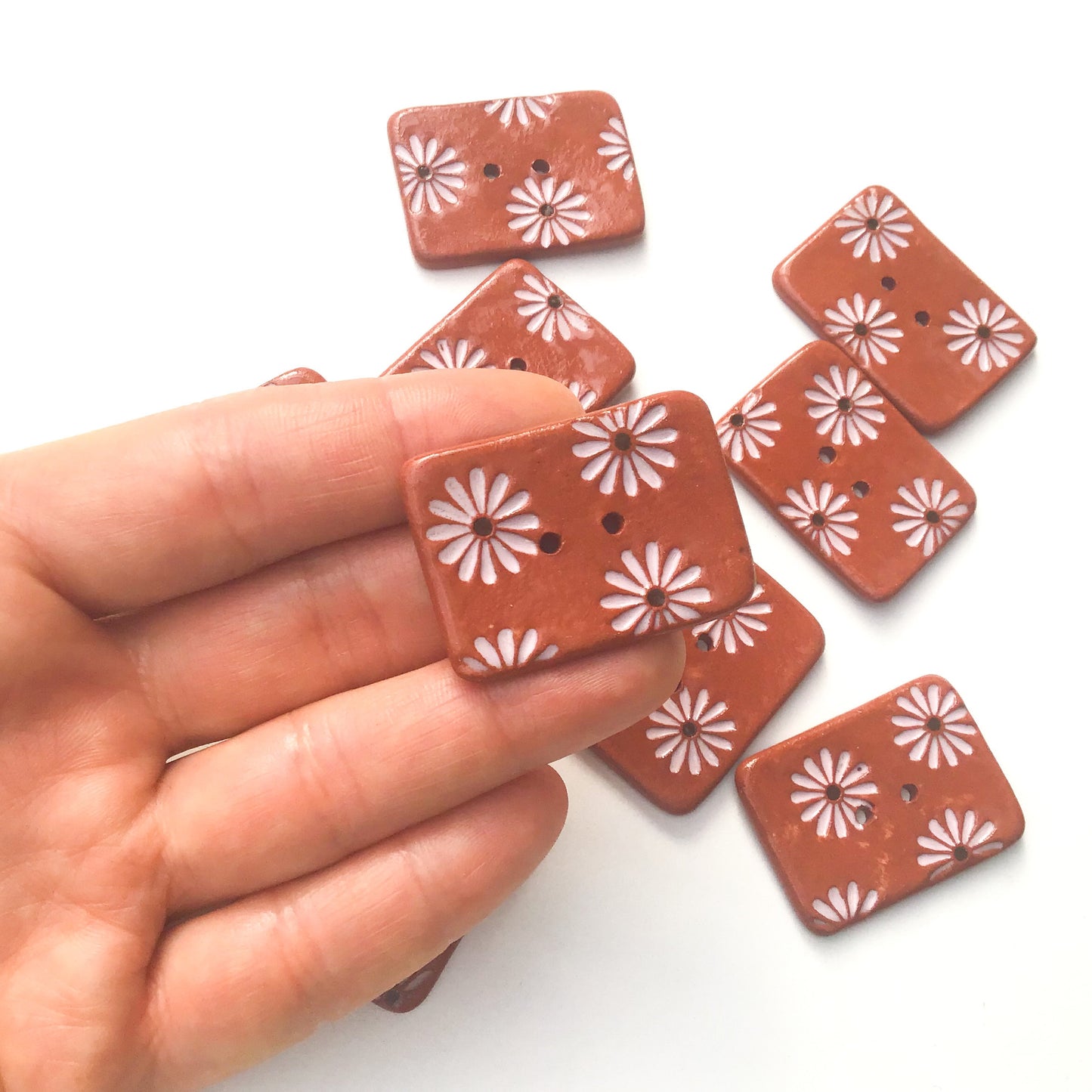 Hand Stamped Daisy Button on Red Clay - Light Pink Flower Buttons - 1 1/16" x 1 7/16"