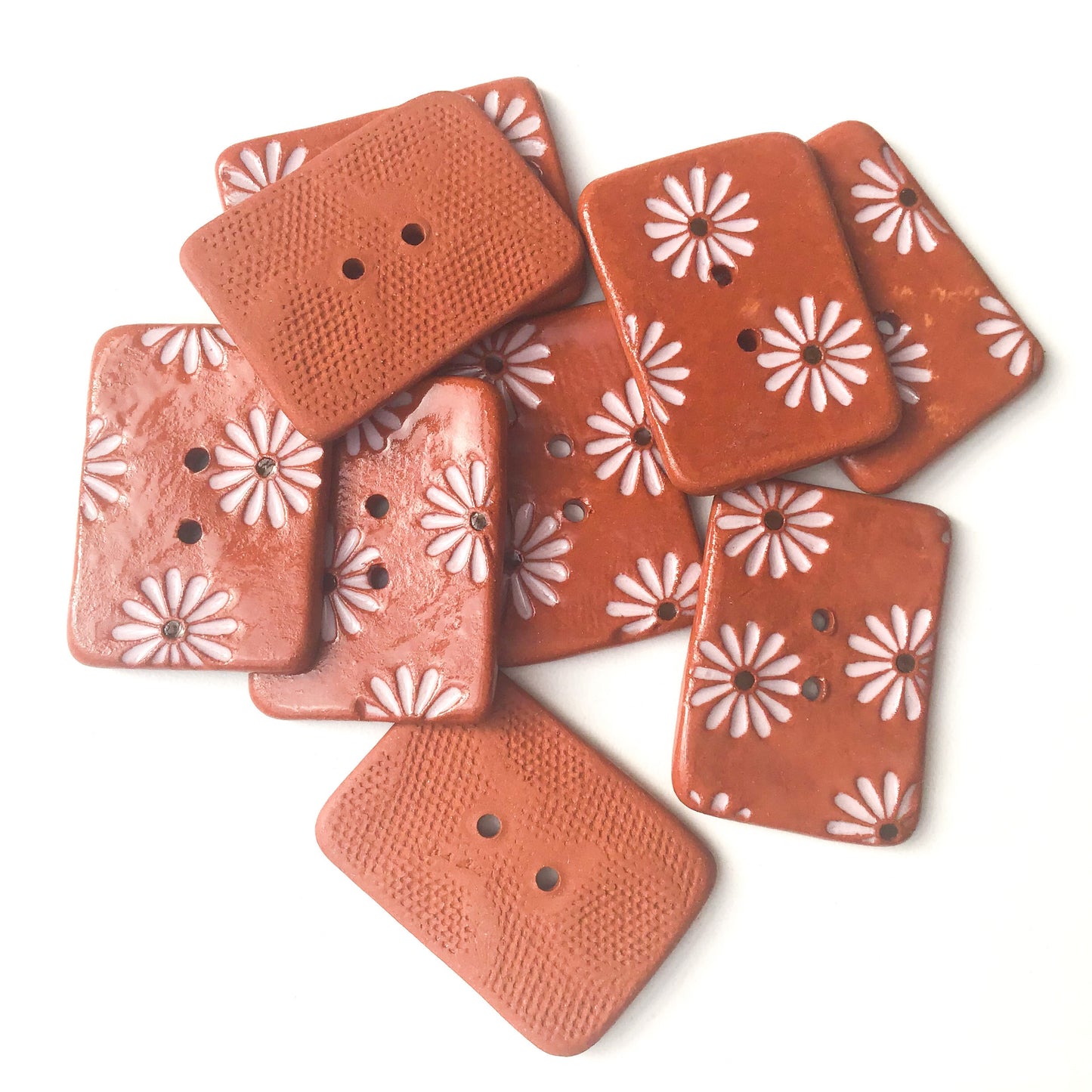 Hand Stamped Daisy Button on Red Clay - Light Pink Flower Buttons - 1 1/16" x 1 7/16"