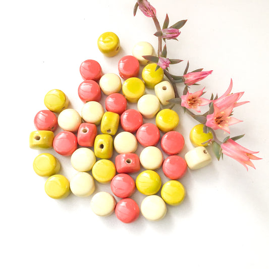 Round Handmade Clay Beads - Coral, Chartreuse, Light Yellow Ceramic Beads - 3/8" x 1/4"