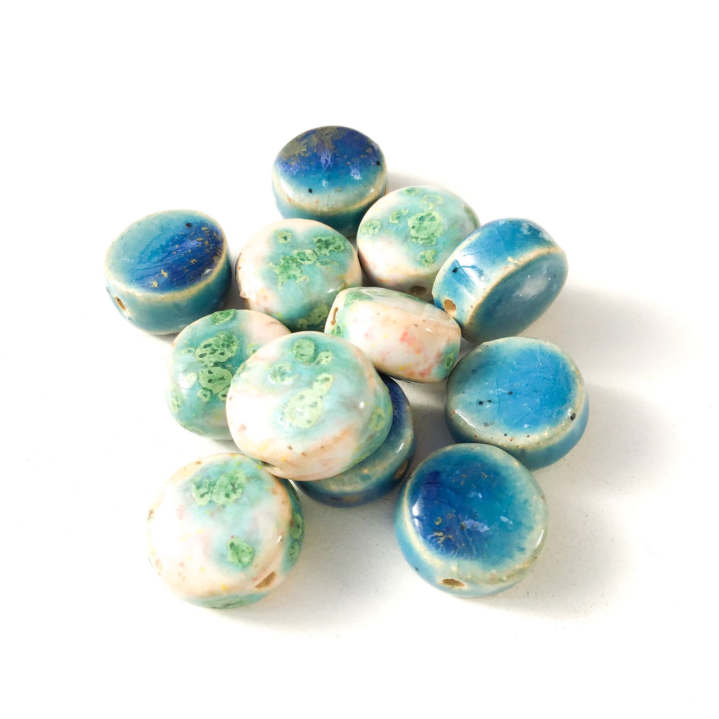 Round Handmade Clay Beads - Turquoise, White, and Ocean Blue Ceramic Beads - 9/16" x 1/4"