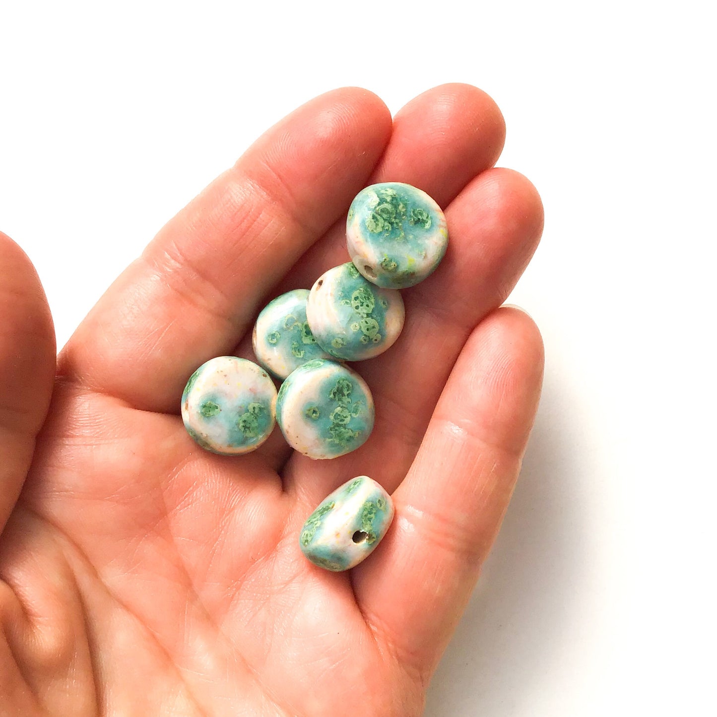 Round Handmade Clay Beads - Turquoise, White, and Ocean Blue Ceramic Beads - 9/16" x 1/4"