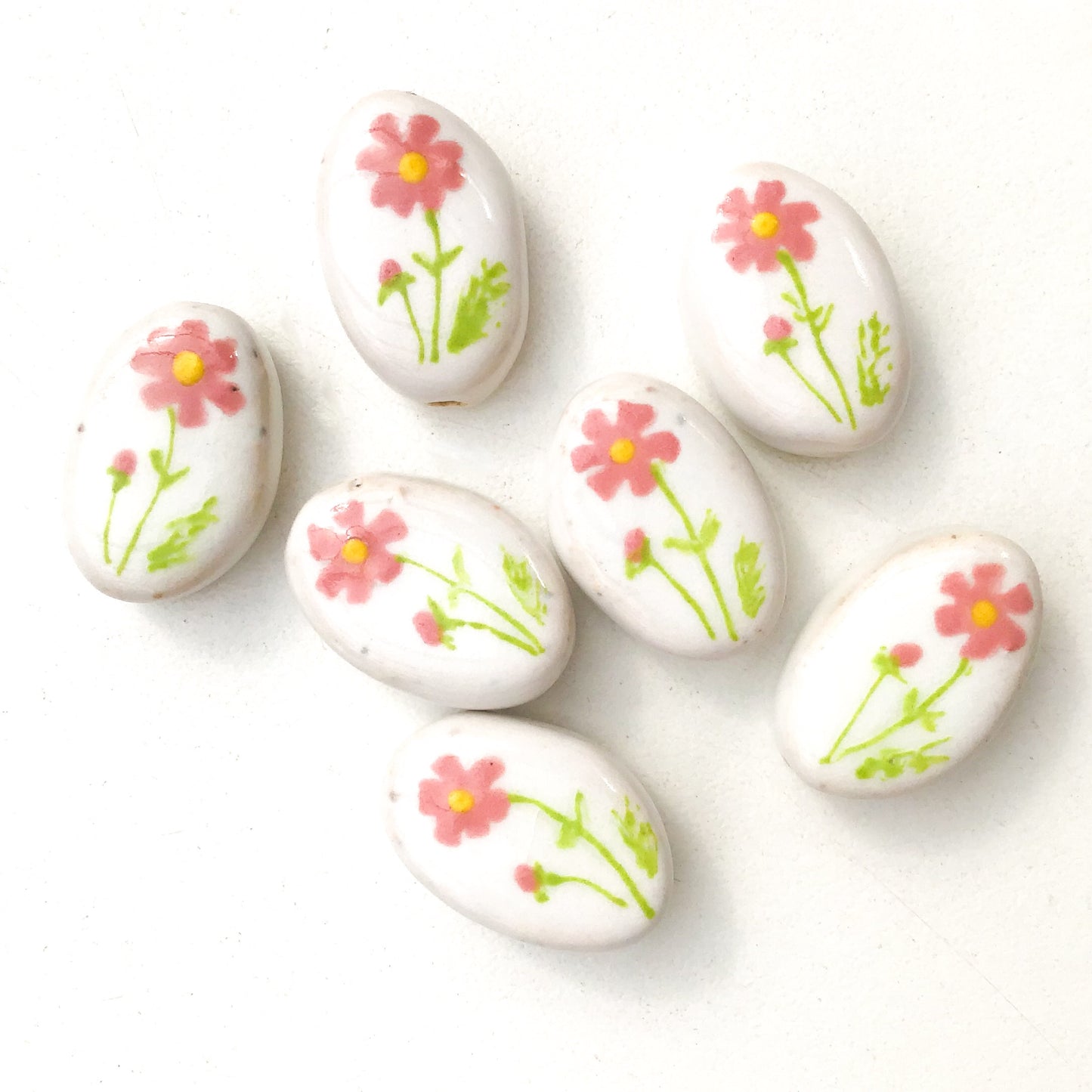 Oval Handmade Flower Beads - Ceramic Flower Beads - 13/16" x 1/2"