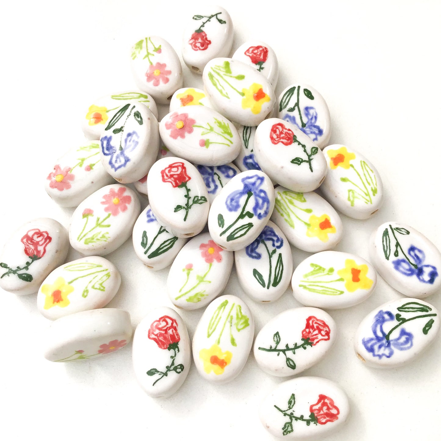 Oval Handmade Flower Beads - Ceramic Flower Beads - 13/16" x 1/2"