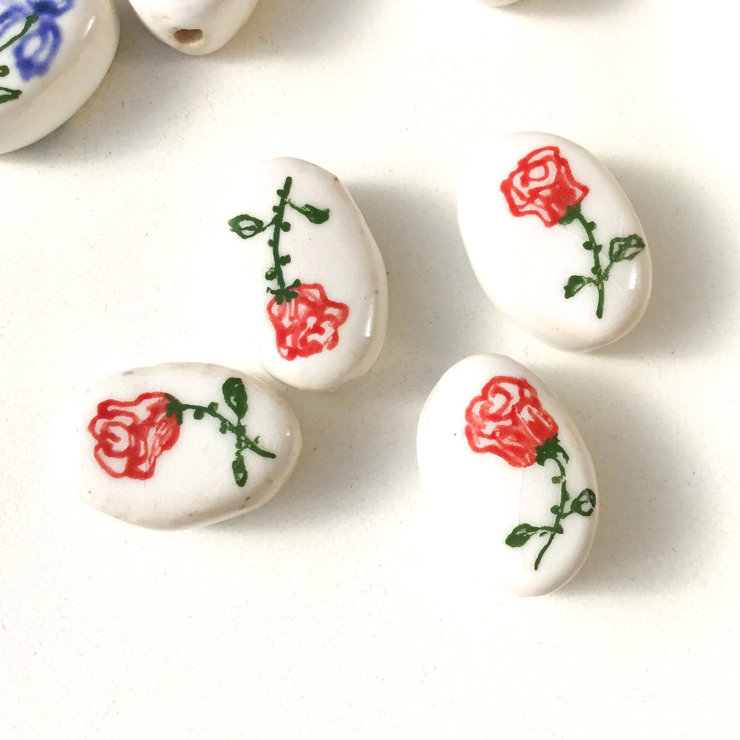 Oval Handmade Flower Beads - Ceramic Flower Beads - 13/16" x 1/2"