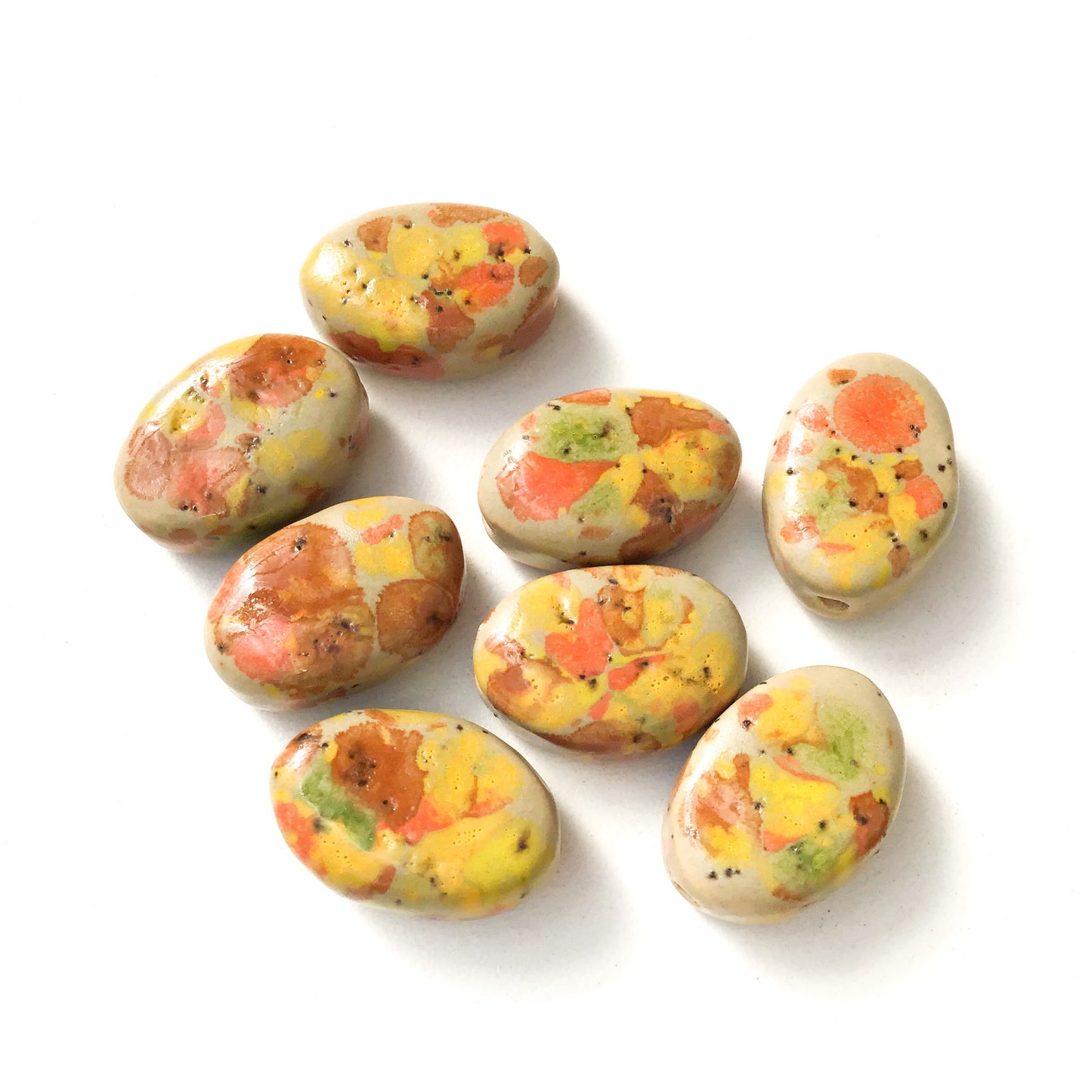 Oval Handmade Beads - Ceramic Beads in Sage Green, Orange, & Yellow - 13/16" x 1/2"