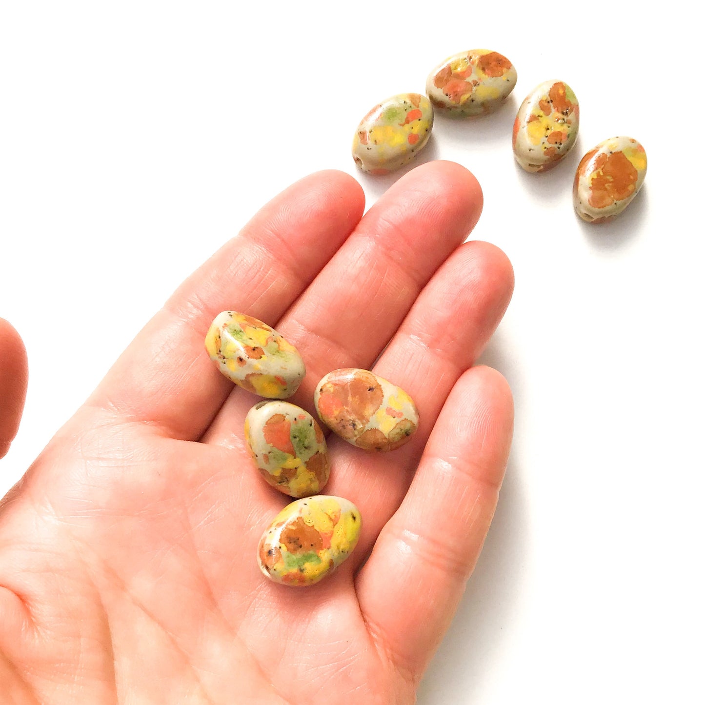 Oval Handmade Beads - Ceramic Beads in Sage Green, Orange, & Yellow - 13/16" x 1/2"