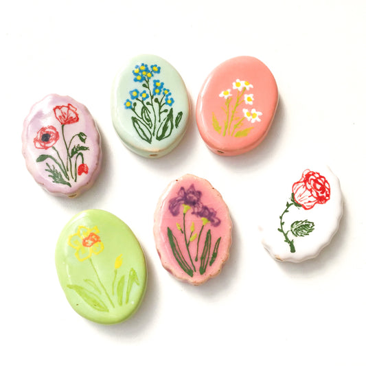 Oval Handmade Flower Beads - Ceramic Flower Beads - 1 3/8" x  1" x 1/4"