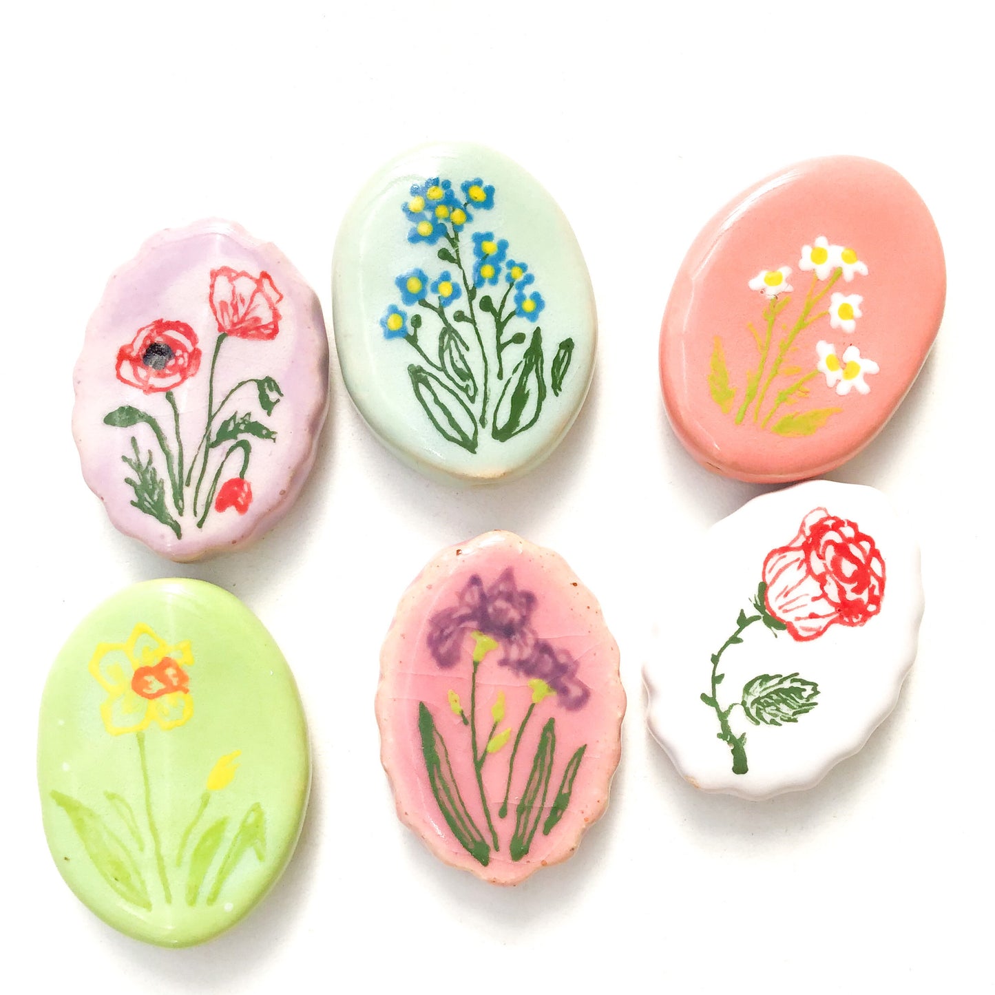 Oval Handmade Flower Beads - Ceramic Flower Beads - 1 3/8" x  1" x 1/4"