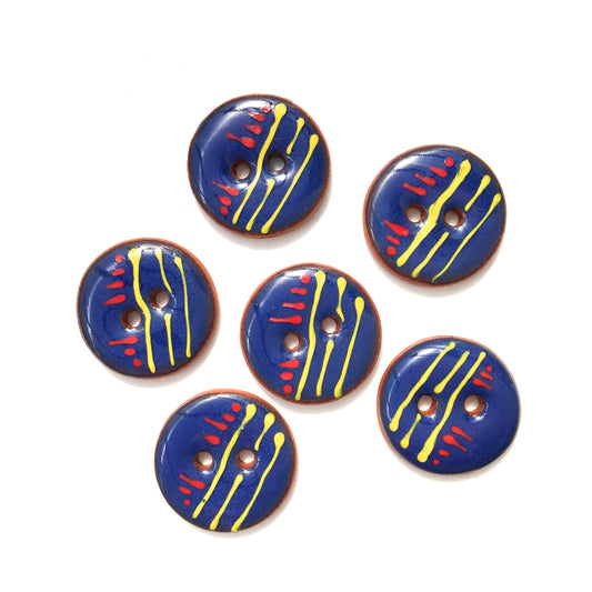 Deep Blue 'Line & Dash' Ceramic Buttons on Red Clay - Round Ceramic Buttons - 3/4" - 6 Pack
