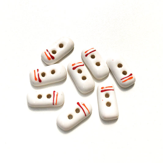 Rectangular White Ceramic Buttons with Orange + Red Lines - White Clay Buttons - 3/8" x 3/4" - 8 Pack